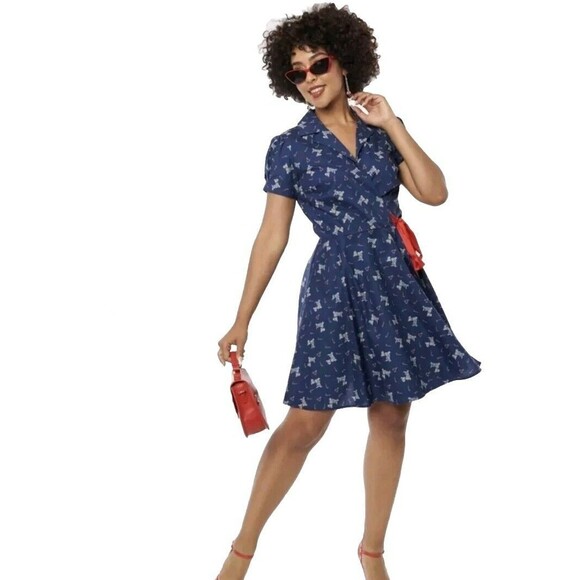 Unique Vintage Navy Blue Wrap Dress Scottie Dog and Candy Canes Red Belt M (6-8) - Picture 1 of 9